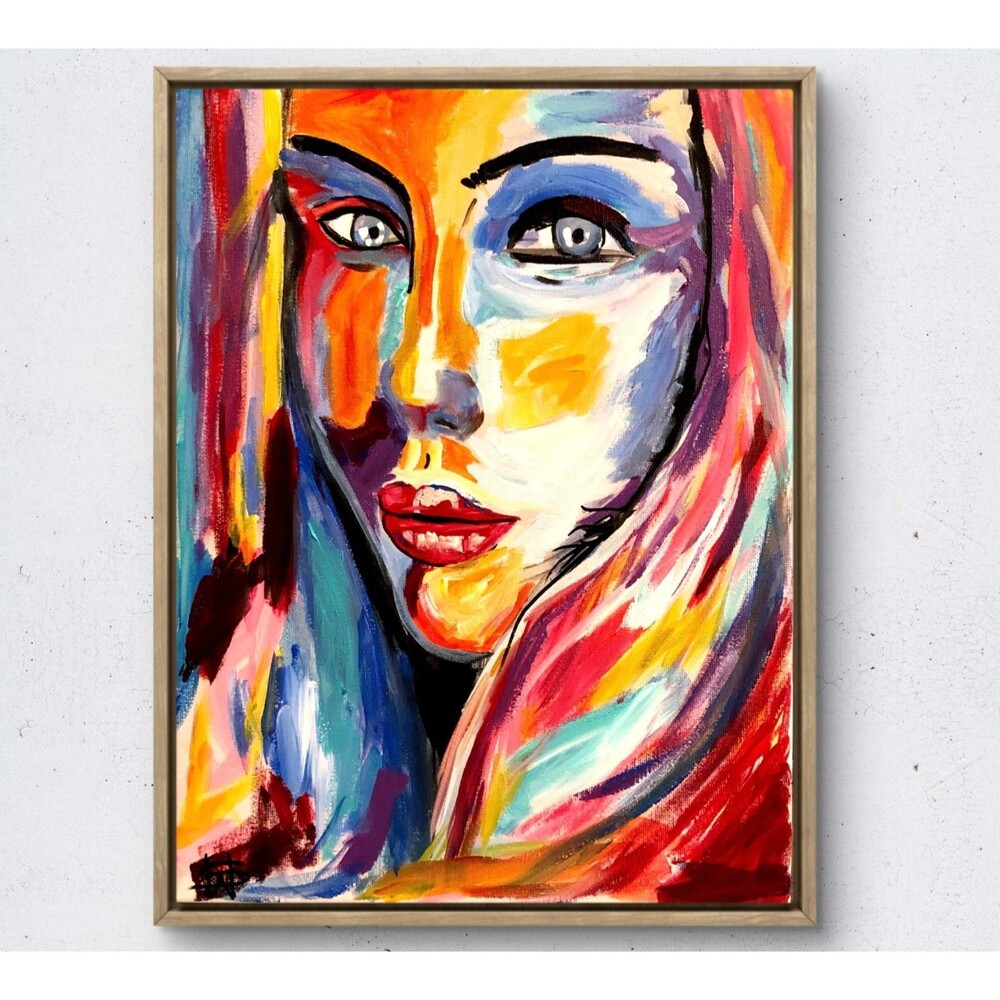 WS original gray eye girl painting 14X11 canvas acrylic abstract modern wall art